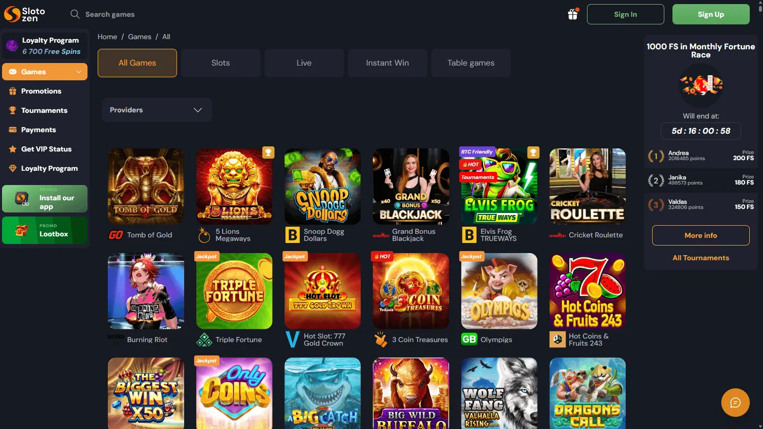 Slotozen Casino game selection on desktop