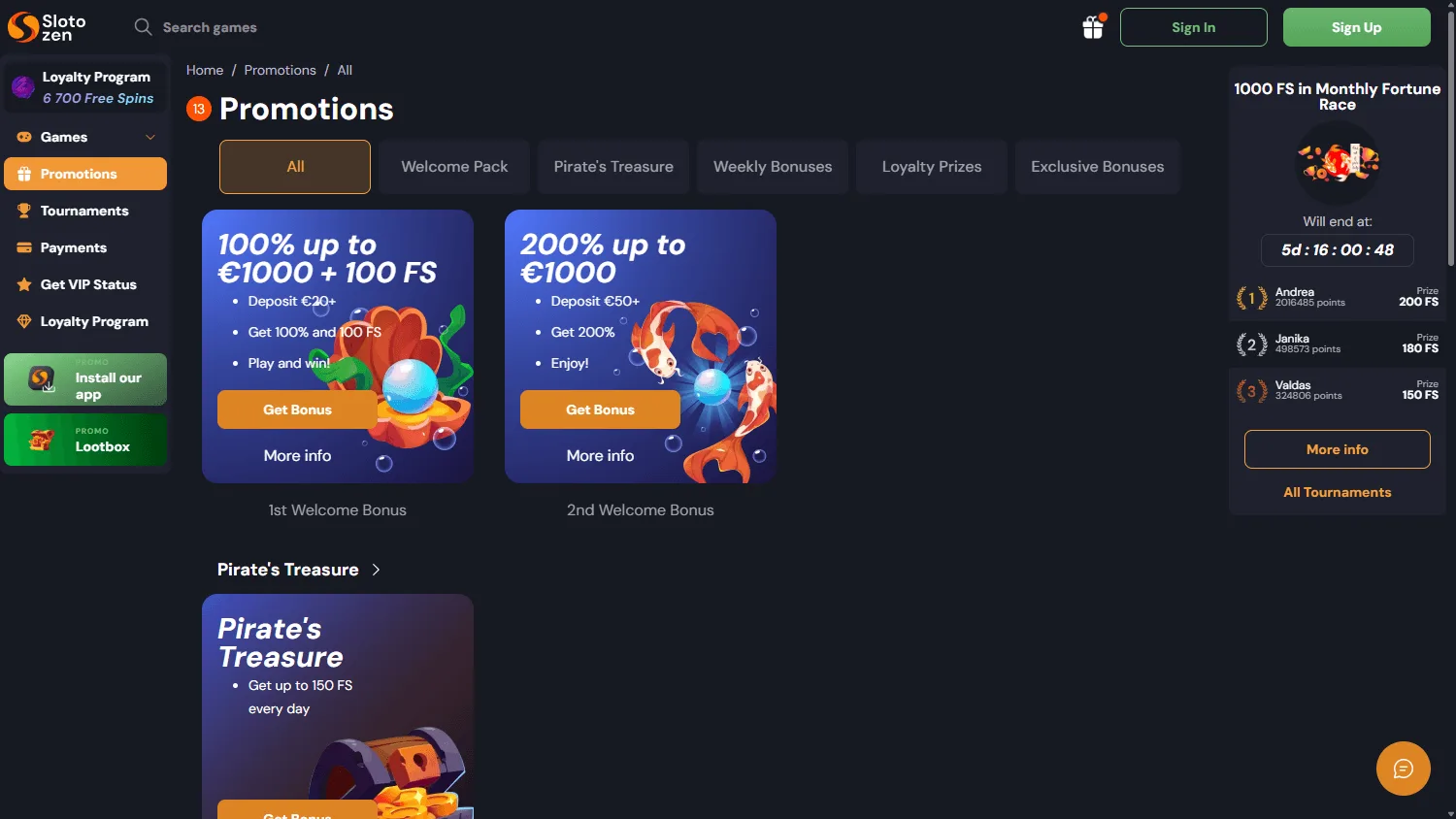 Slotozen Casino promotions view on desktop