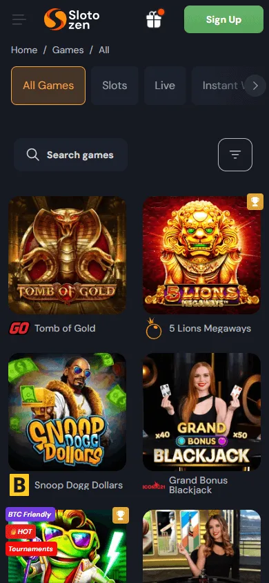 Slotozen Casino mobile games view
