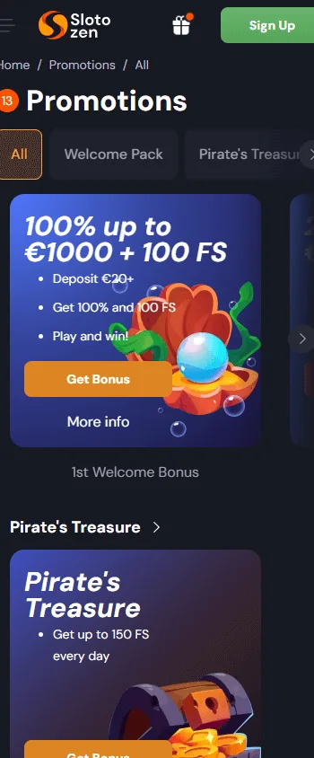 Slotozen Casino promotions view on a mobile device